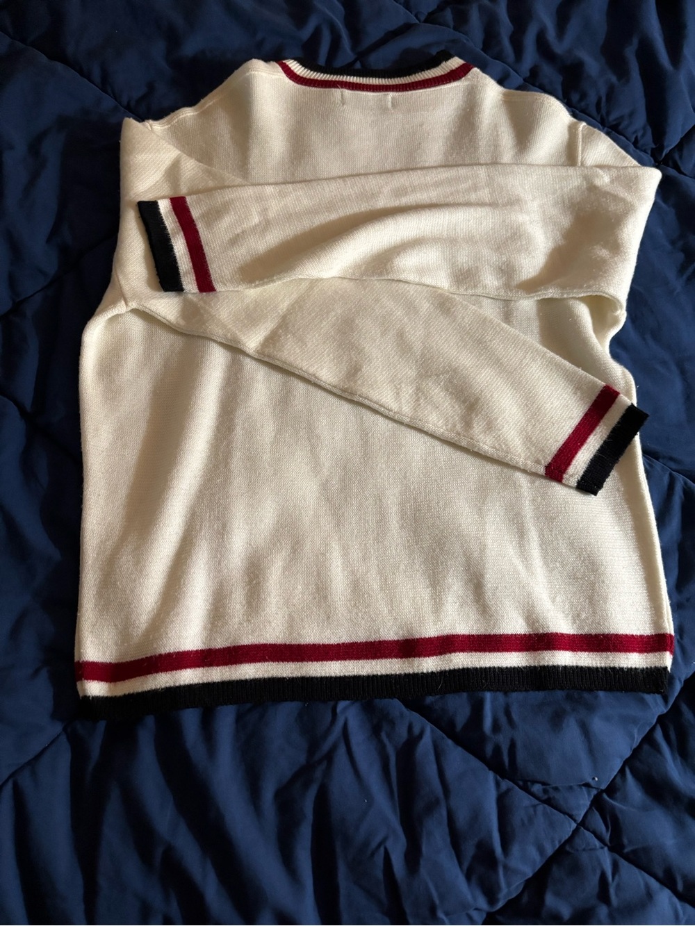 Puritan Cream Sweater with Bowling Red and Blue Strips Edge - Picture 12 of 16